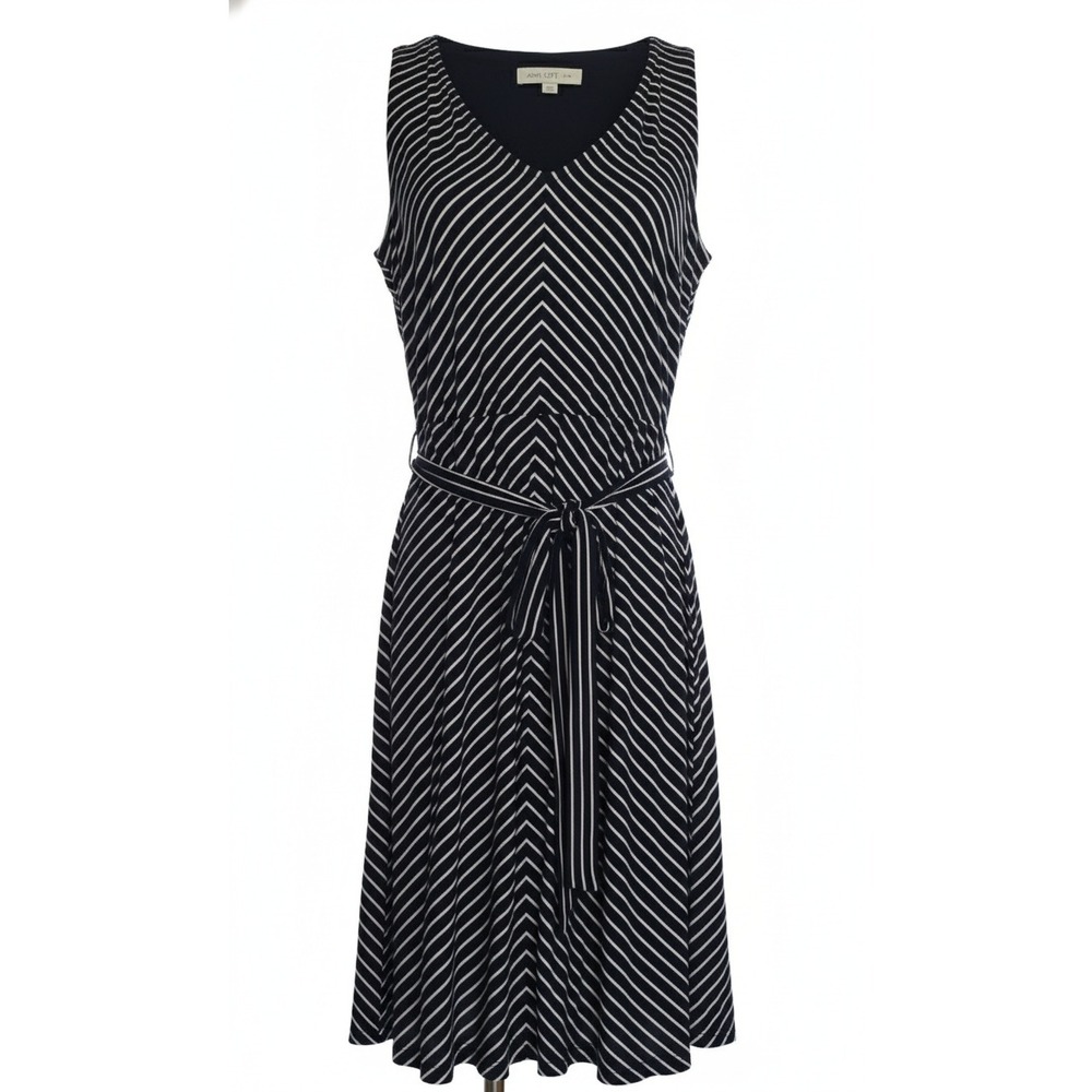 84-Ann Taylor LOFT Petite Striped V Neck‎ Sleeveless Midi Dress With Belt